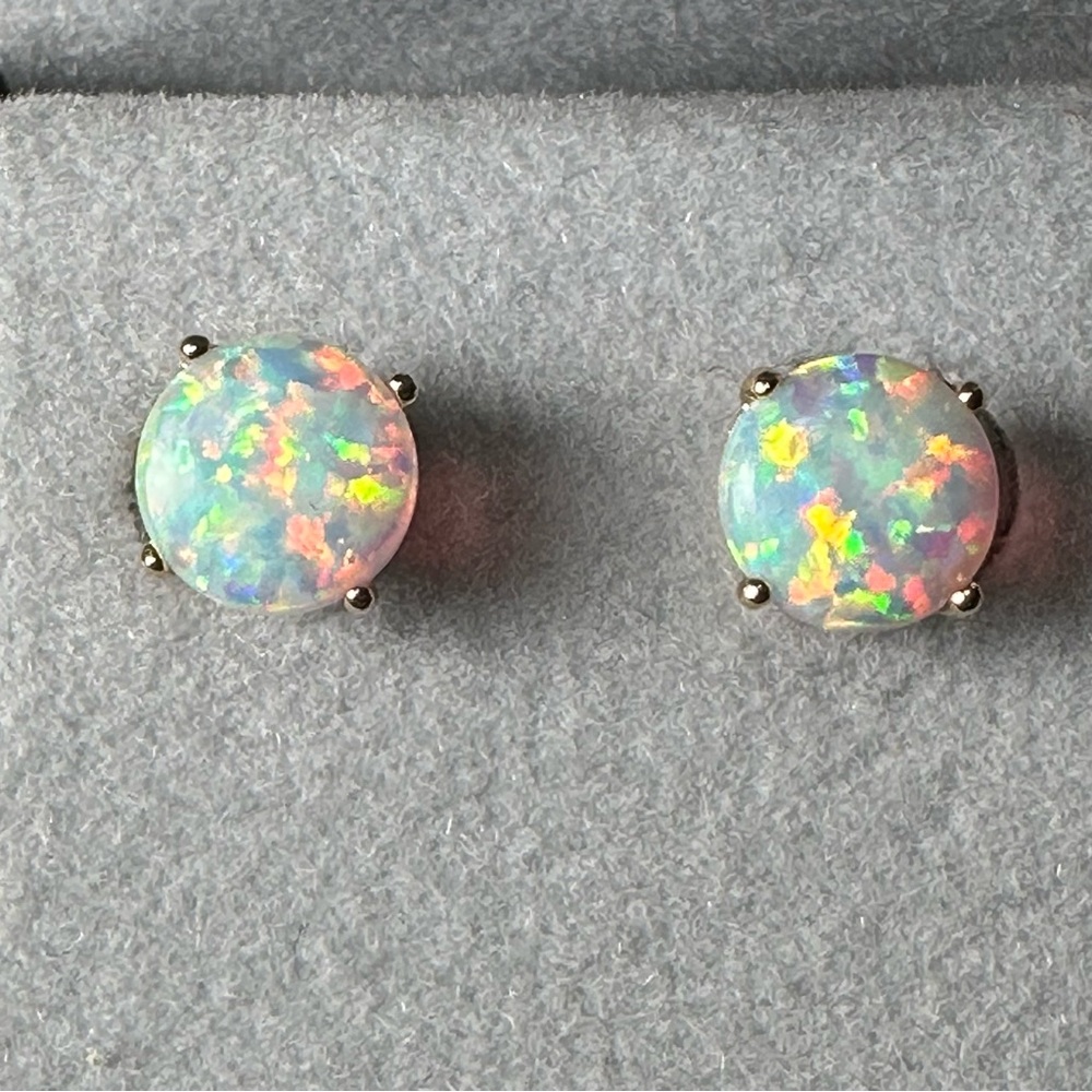 14k Solid Gold Opal Cabochon Post Earrings - Picture 2 of 16